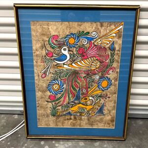Large Vintage Mexican Amate Bark Painting – Bright Macaws & Floral Art